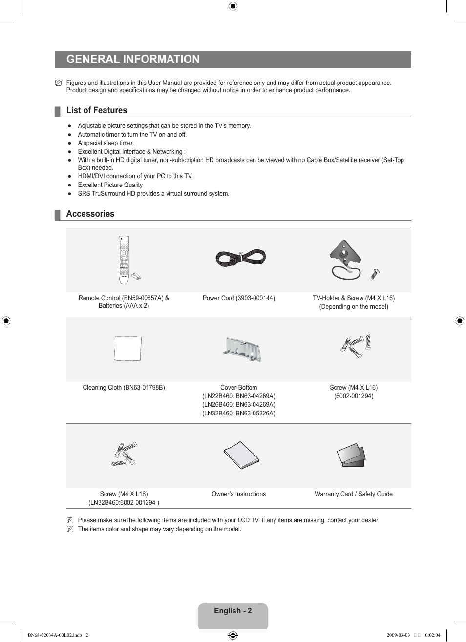General information, List of features, Accessories | Samsung LN22B460B2DXZA User Manual | Page 4 / 89