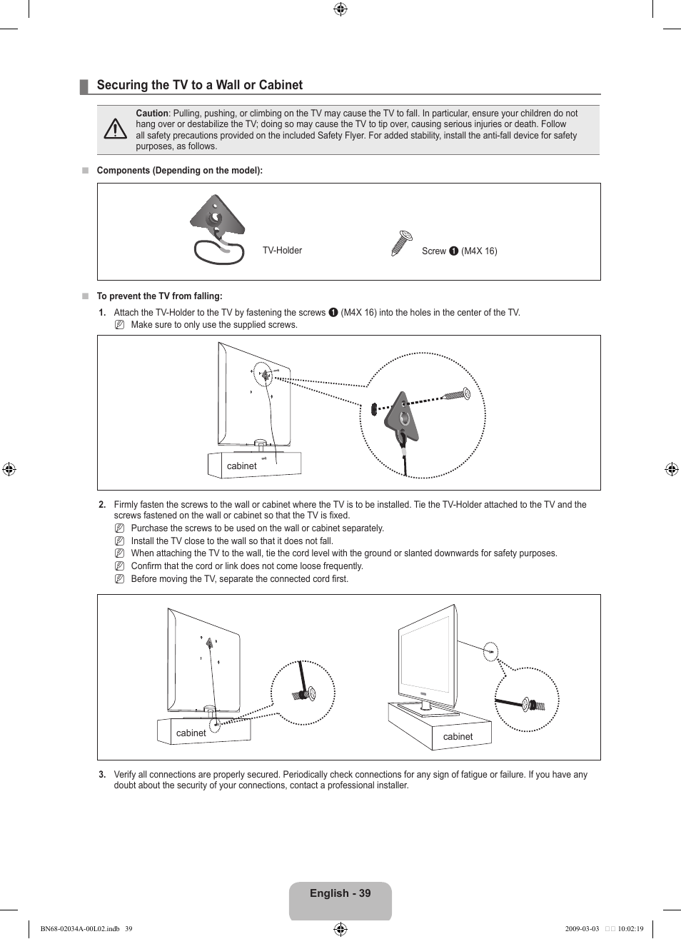 Securing the tv to a wall or cabinet | Samsung LN22B460B2DXZA User Manual | Page 41 / 89