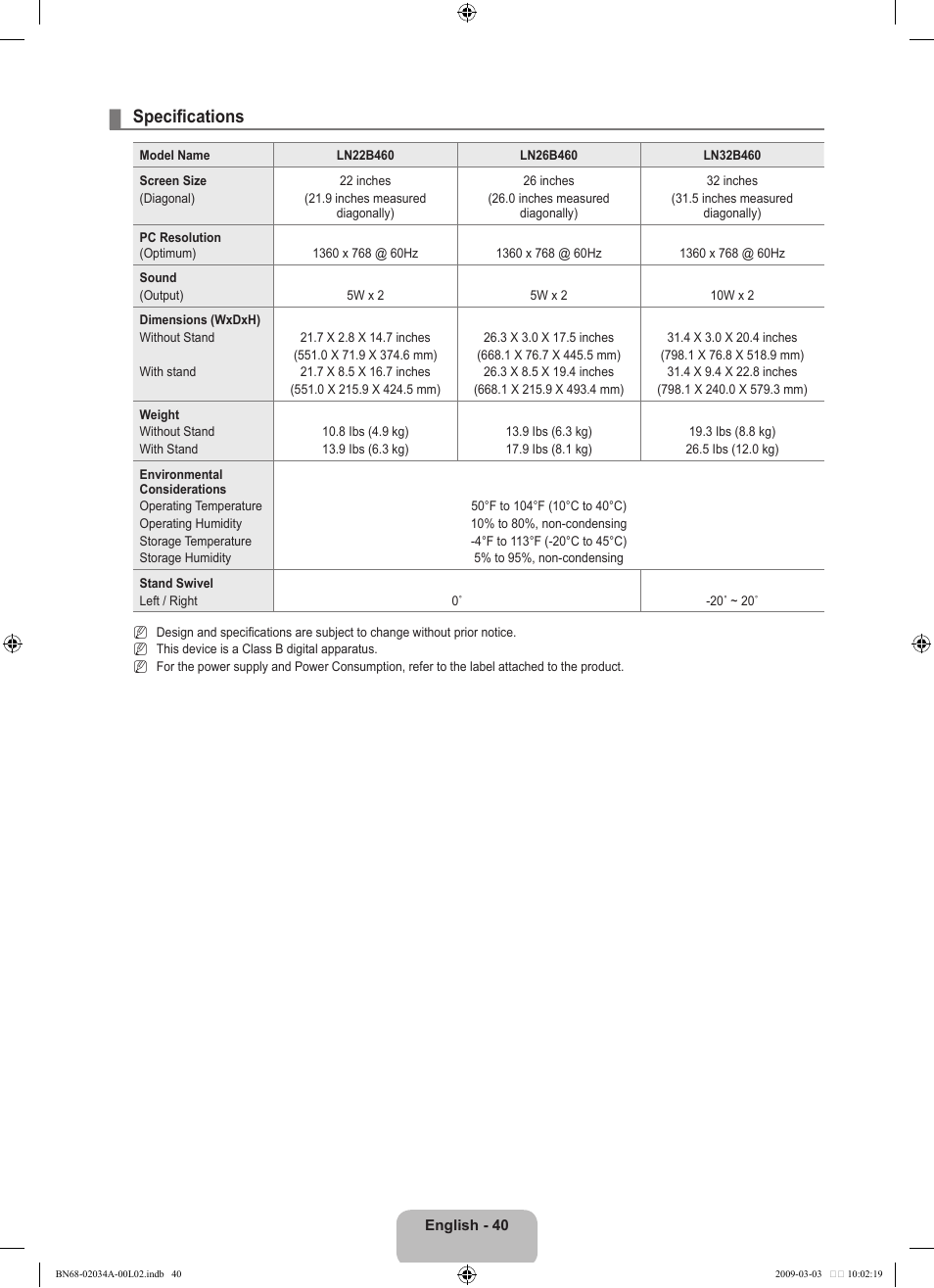 Specifications | Samsung LN22B460B2DXZA User Manual | Page 42 / 89
