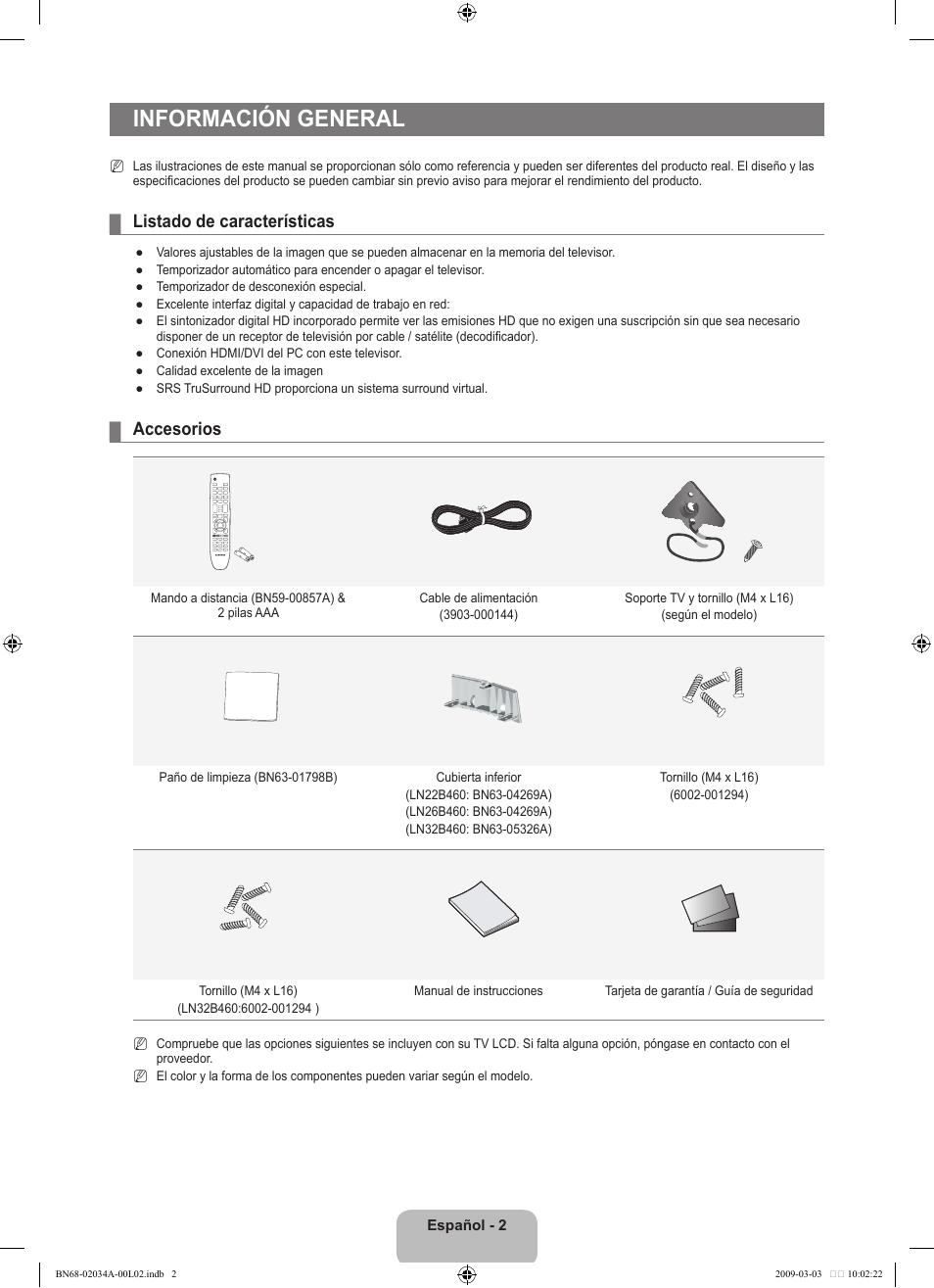 Información general, Listado de características, Accesorios | Samsung LN22B460B2DXZA User Manual | Page 48 / 89