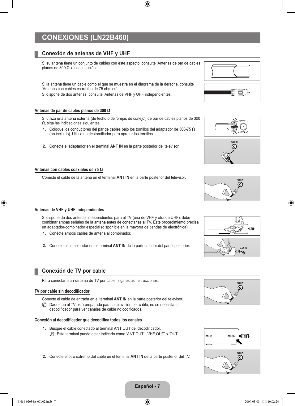 Conexión de antenas de vhf y uhf, Conexión de tv por cable | Samsung LN22B460B2DXZA User Manual | Page 53 / 89