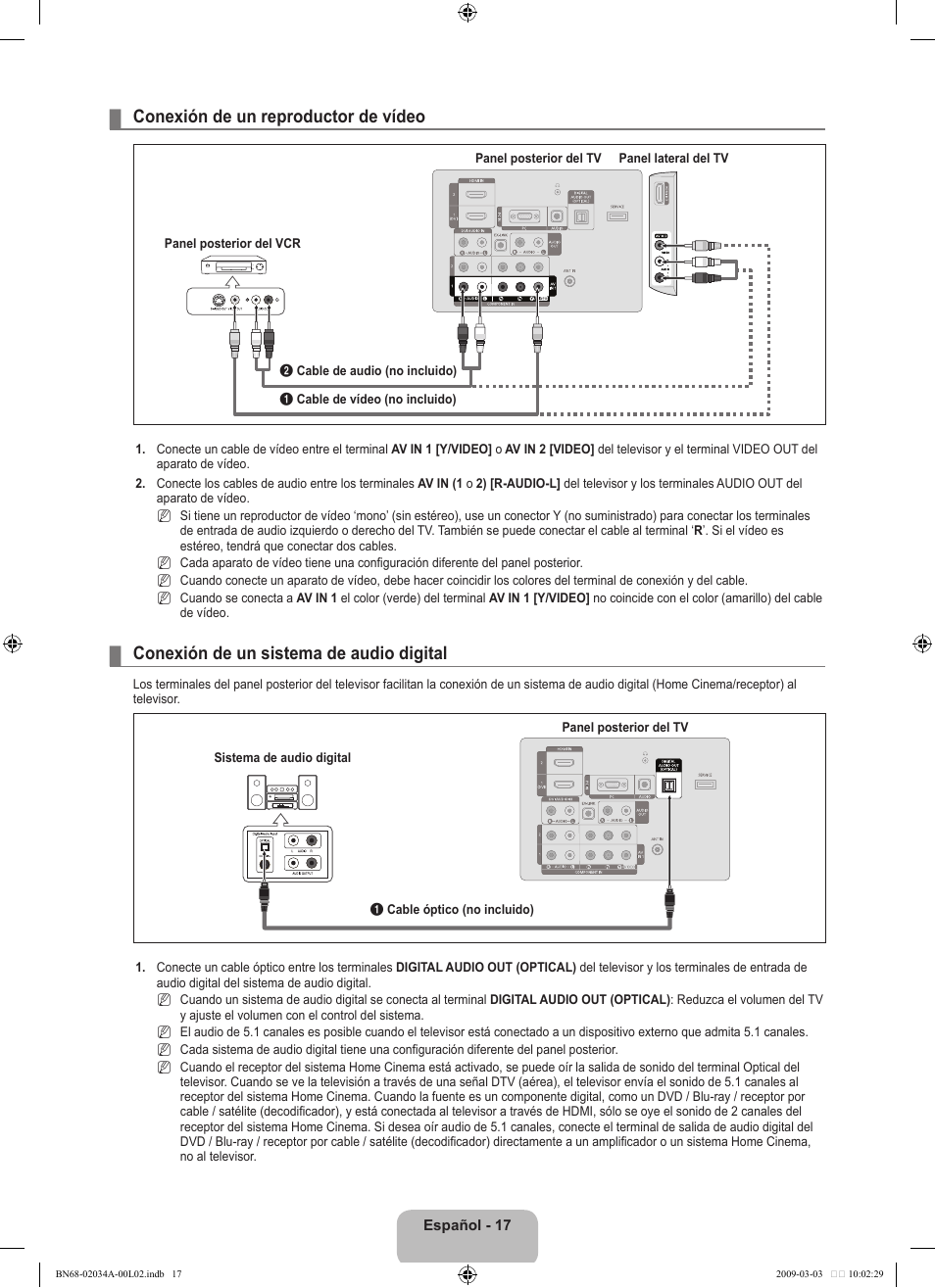 Conexión de un reproductor de vídeo, Conexión de un sistema de audio digital | Samsung LN22B460B2DXZA User Manual | Page 63 / 89