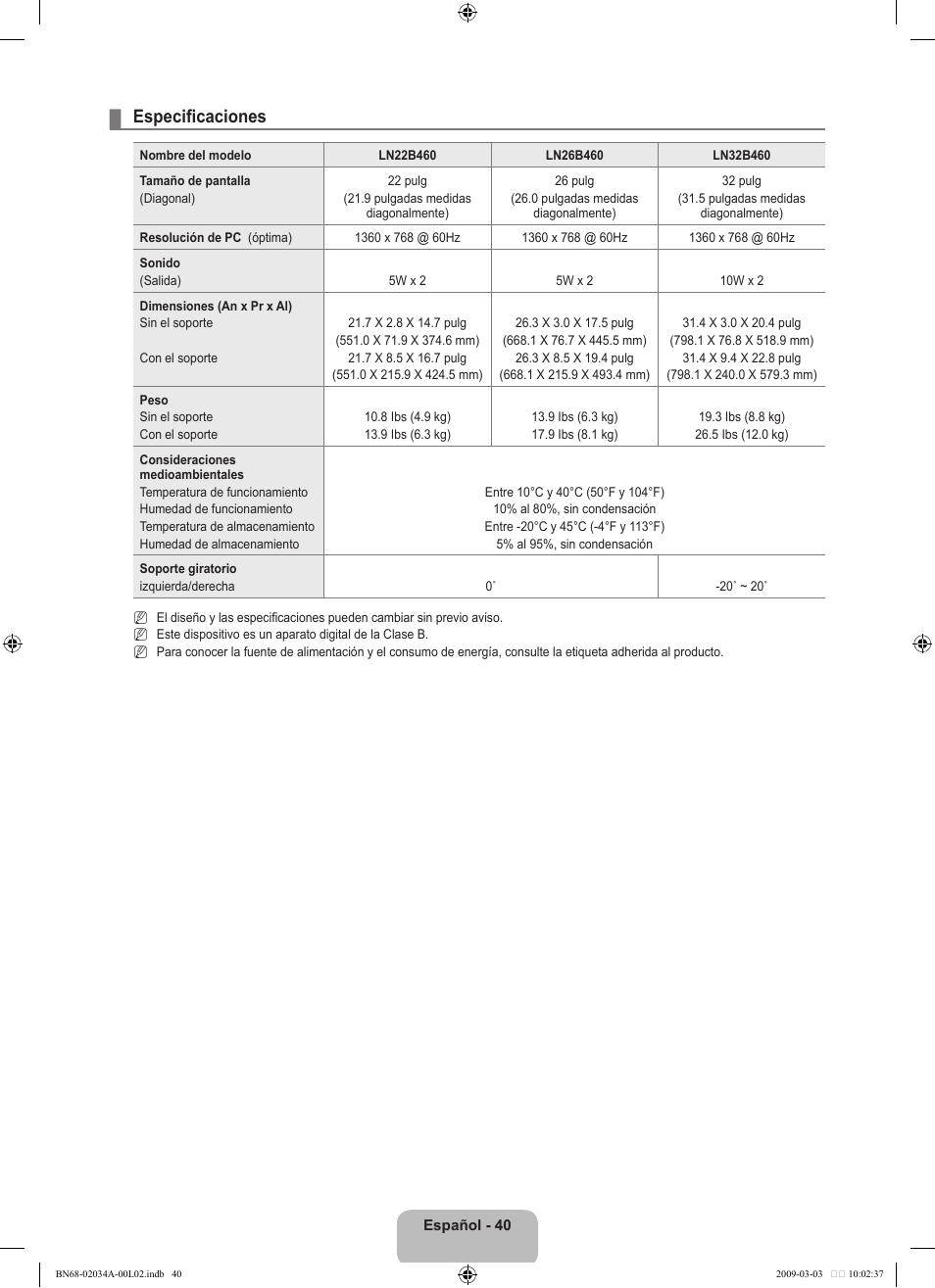 Especificaciones | Samsung LN22B460B2DXZA User Manual | Page 86 / 89