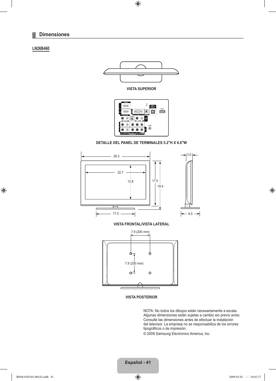 Dimensiones | Samsung LN22B460B2DXZA User Manual | Page 87 / 89