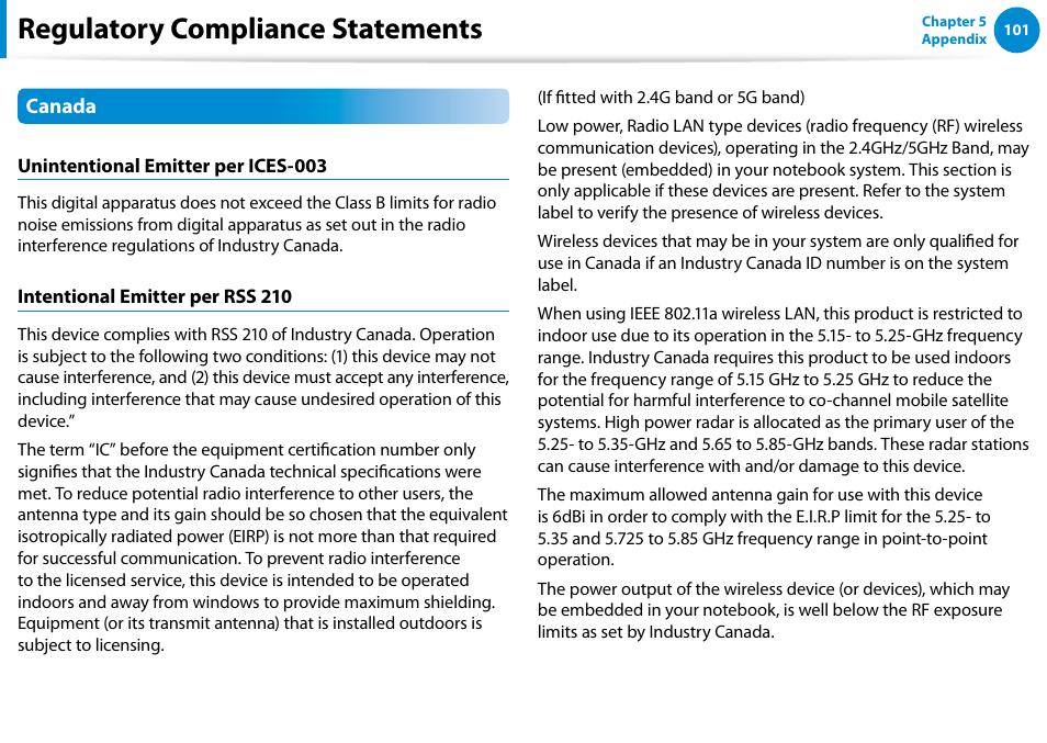 Regulatory compliance statements | Samsung XE300TZC-K01US User Manual | Page 102 / 120
