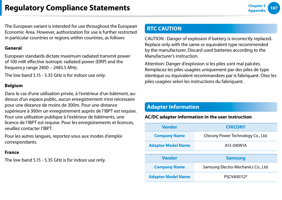 Regulatory compliance statements | Samsung XE300TZC-K01US User Manual | Page 108 / 120