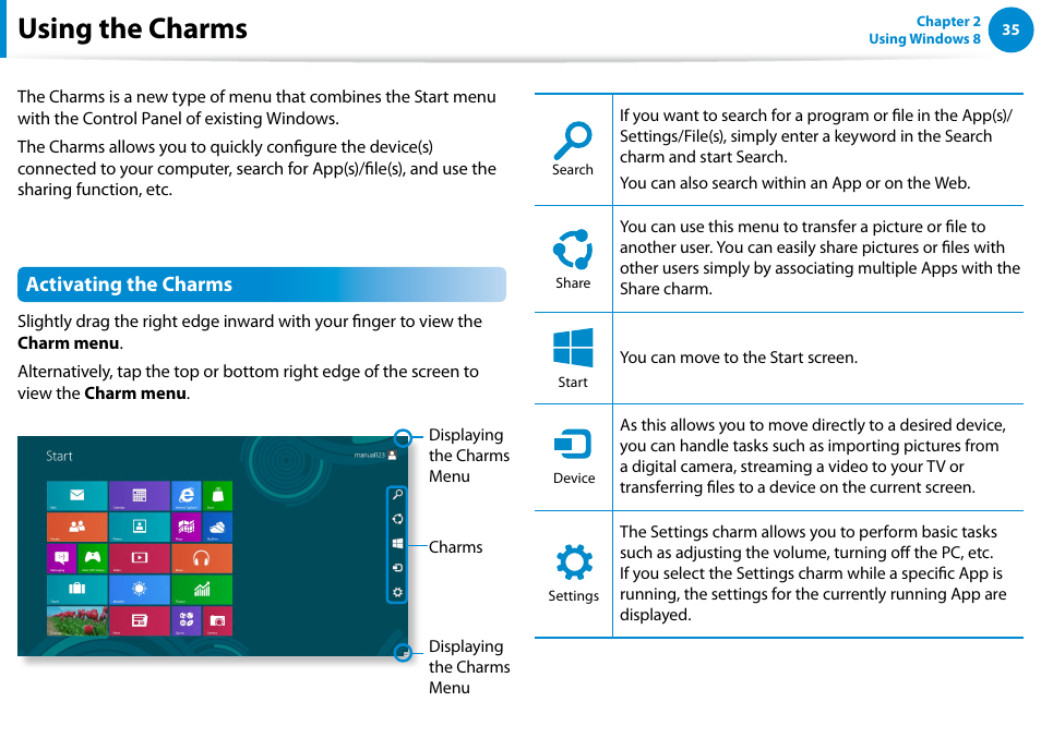 Using the charms, Activating the charms | Samsung XE300TZC-K01US User Manual | Page 36 / 120