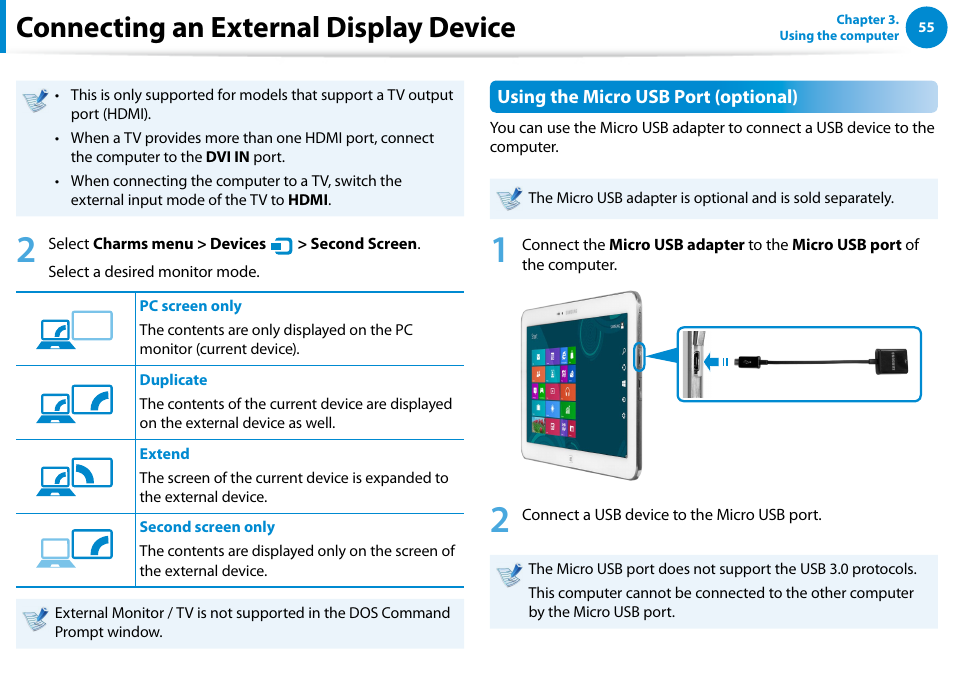 Connecting an external display device, Using the micro usb port (optional) | Samsung XE300TZC-K01US User Manual | Page 56 / 120