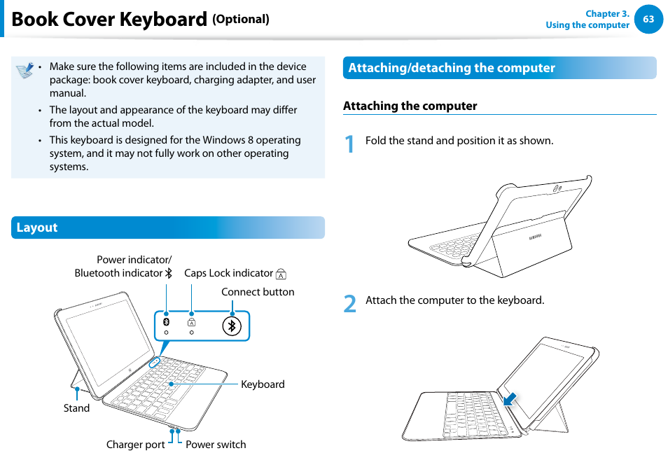 Book cover keyboard (optional), Book cover keyboard | Samsung XE300TZC-K01US User Manual | Page 64 / 120