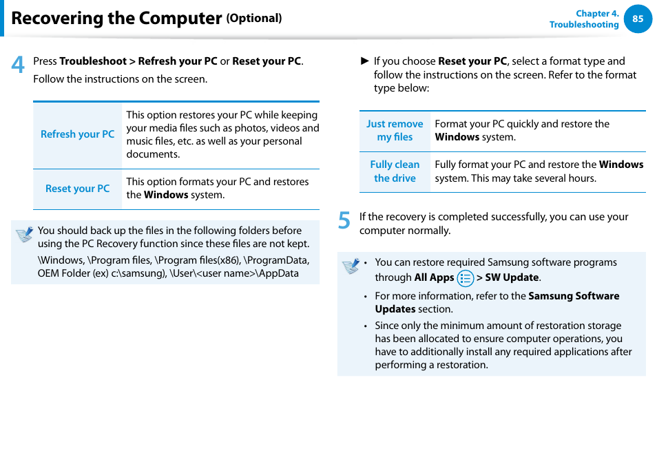 Recovering the computer | Samsung XE300TZC-K01US User Manual | Page 86 / 120