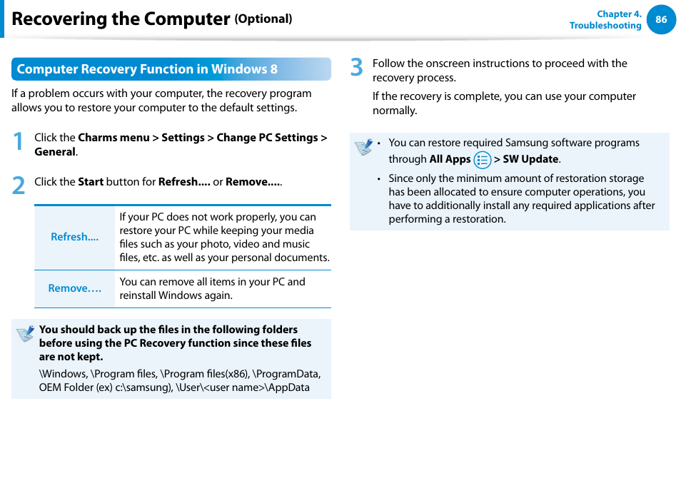 Recovering the computer | Samsung XE300TZC-K01US User Manual | Page 87 / 120