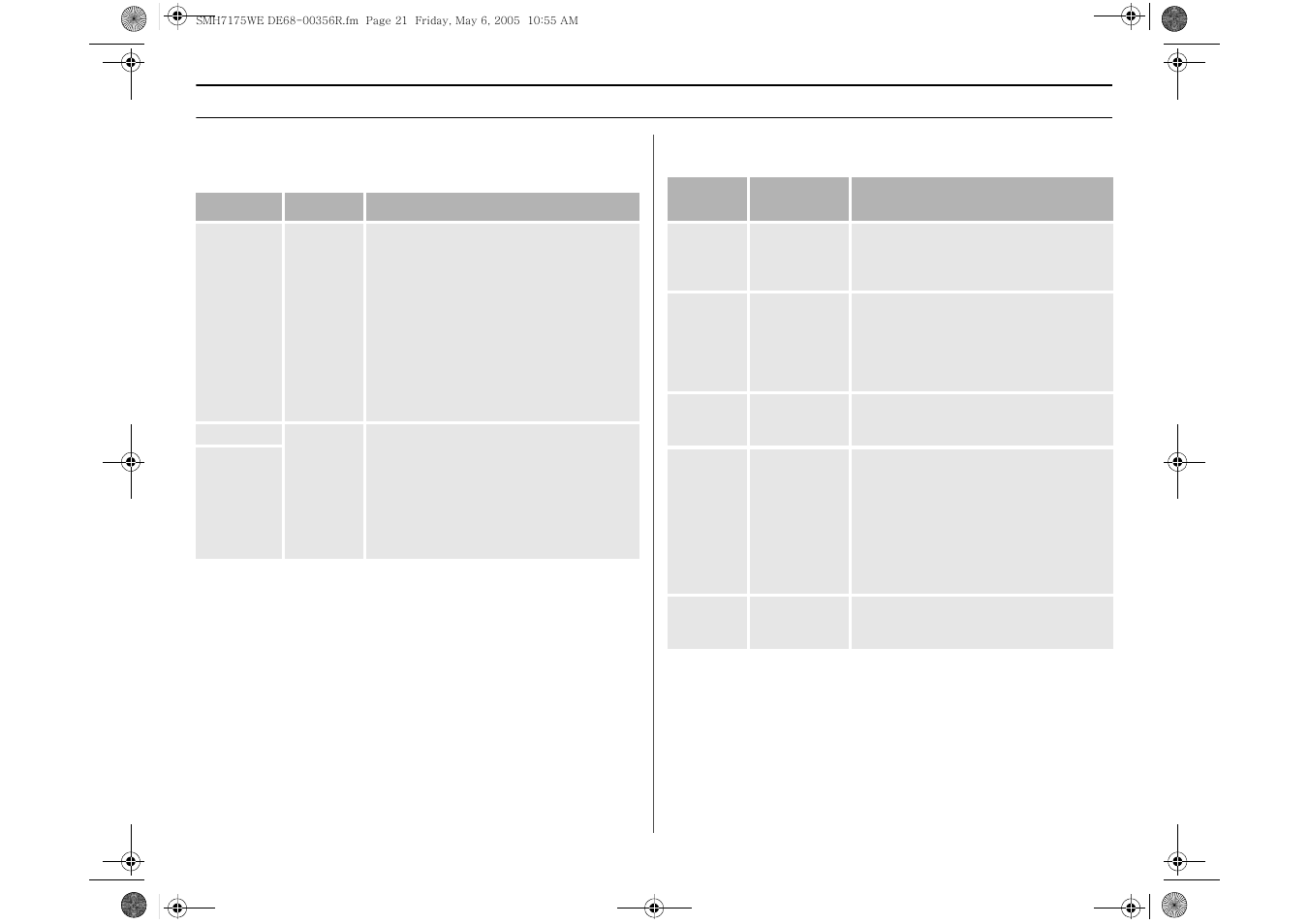 Sensor reheat guide, Power/auto defrosting guide, Cooking instructions | Samsung SMH7175CE-XAA User Manual | Page 21 / 32