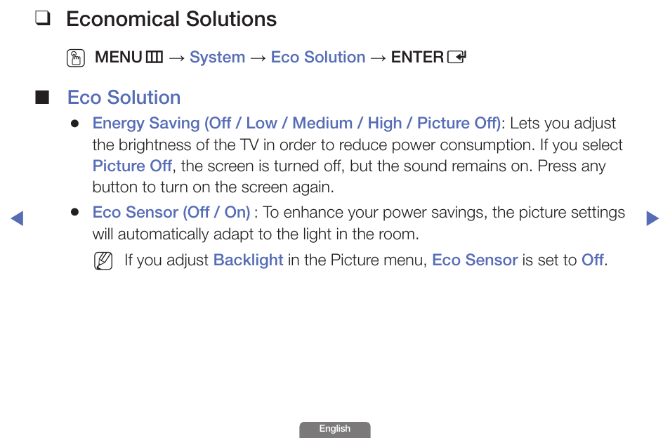Economical solutions, Eco solution | Samsung UN46EH6030FXZA User Manual | Page 104 / 192