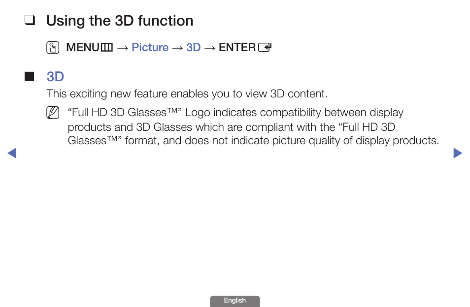Using the 3d function, Advanced features | Samsung UN46EH6030FXZA User Manual | Page 129 / 192