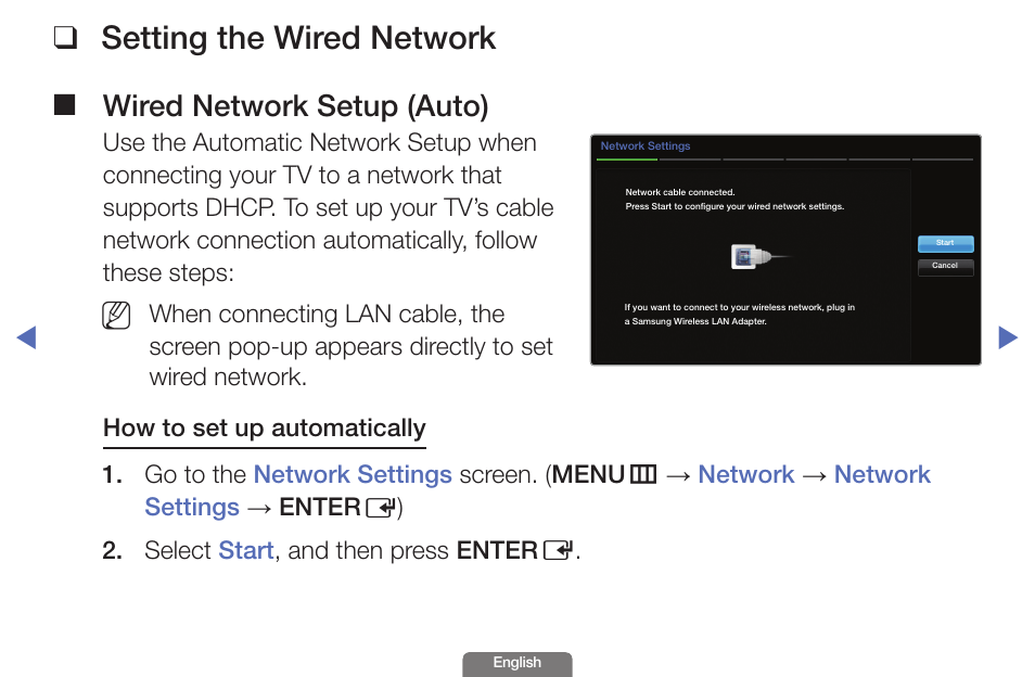 Setting the wired network, Wired network setup (auto) | Samsung UN46EH6030FXZA User Manual | Page 63 / 192