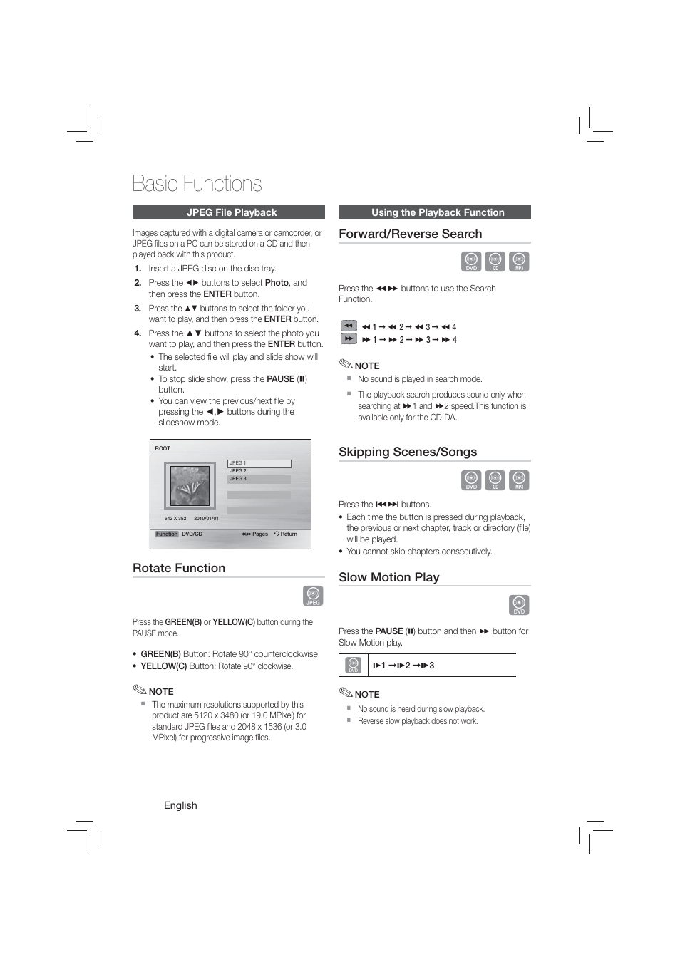 Basic functions, Jpeg file playback, Using the playback function | Samsung HT-E350-ZA User Manual | Page 26 / 43