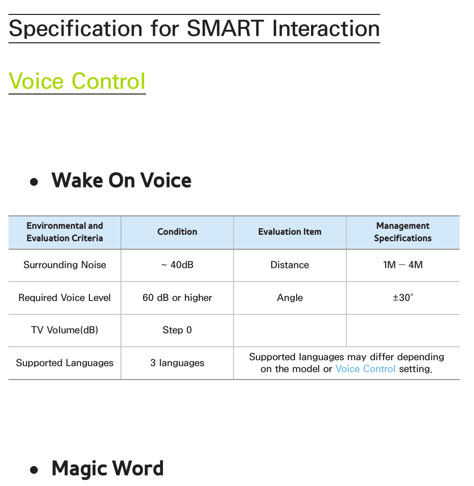 Specification for smart interaction, Specification for smart interaction voice control, Wake on voice | Magic word | Samsung PL64E8000GFXZP User Manual | Page 432 / 658