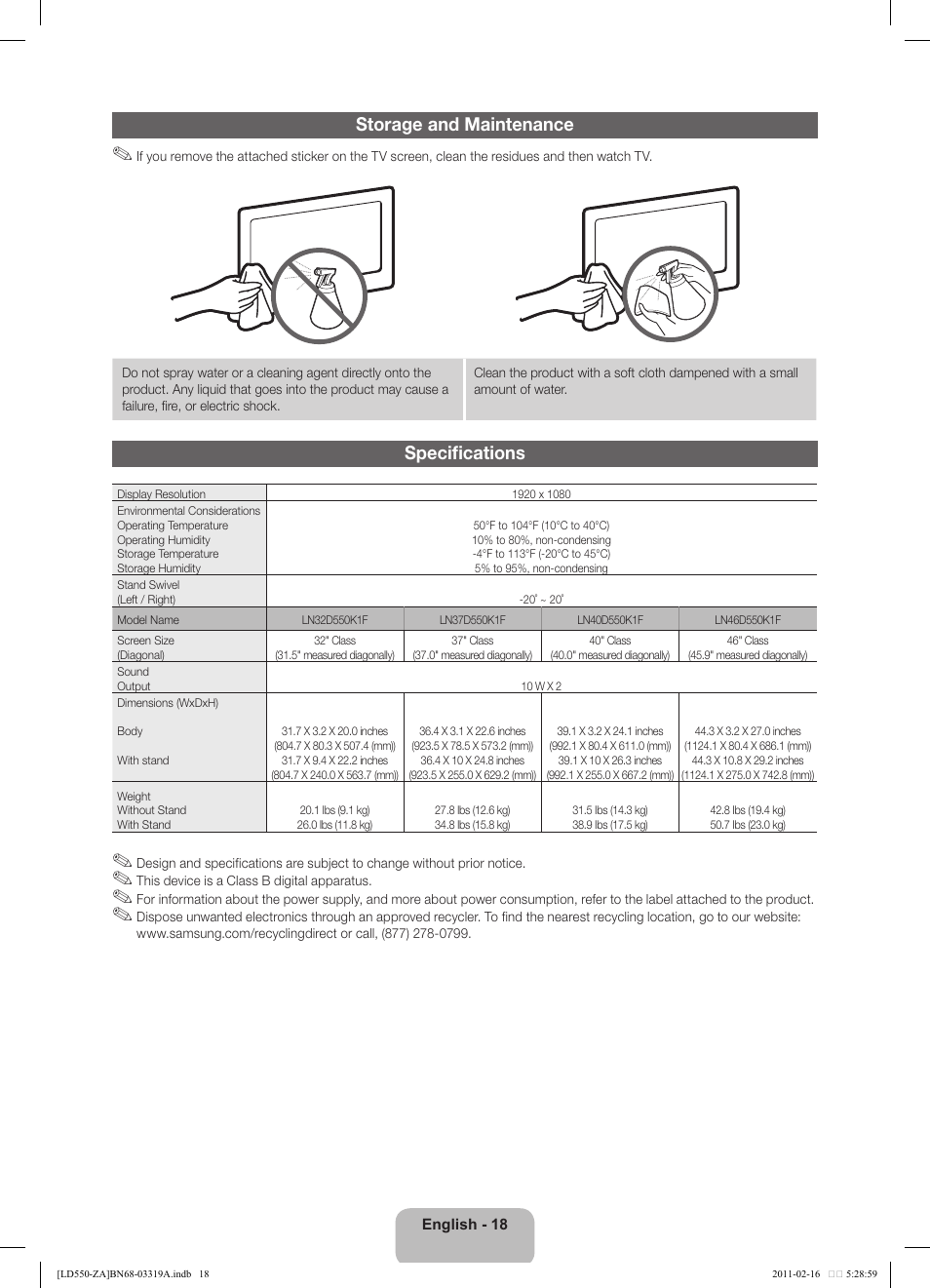 Storage and maintenance, Specifications | Samsung LN46D550K1FXZA User Manual | Page 18 / 19