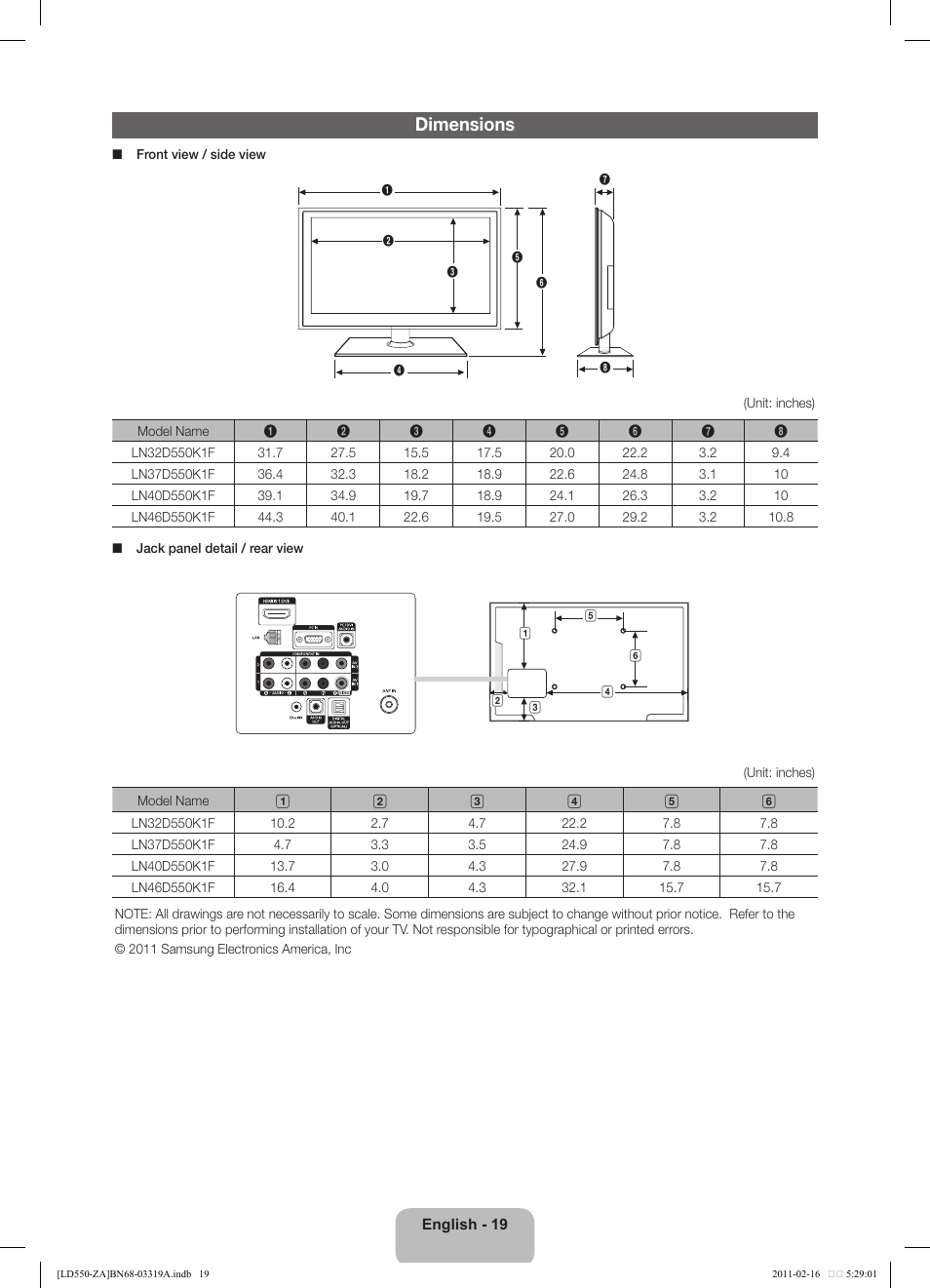 Dimensions | Samsung LN46D550K1FXZA User Manual | Page 19 / 19