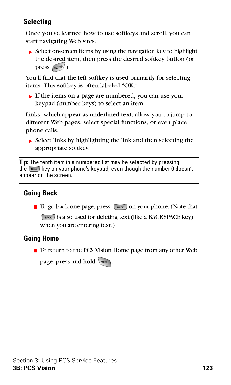 Selecting, Going back, Going home | Samsung SPH-A600ZSSXAR User Manual | Page 131 / 178