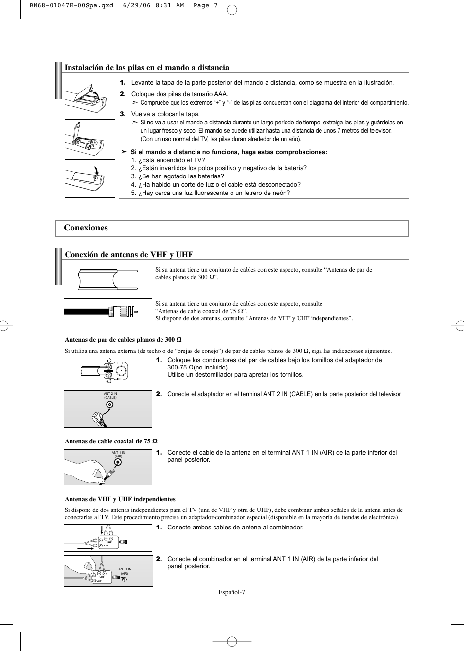 Conexiones, Conexión de antenas de vhf y uhf, Instalación de las pilas en el mando a distancia | Samsung LNS3296DX-XAA User Manual | Page 127 / 179