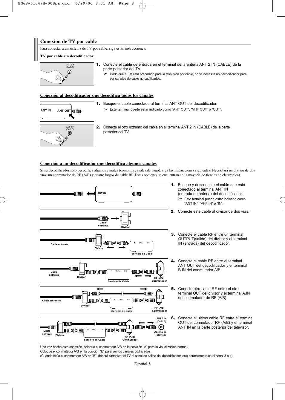 Conexión de tv por cable | Samsung LNS3296DX-XAA User Manual | Page 128 / 179