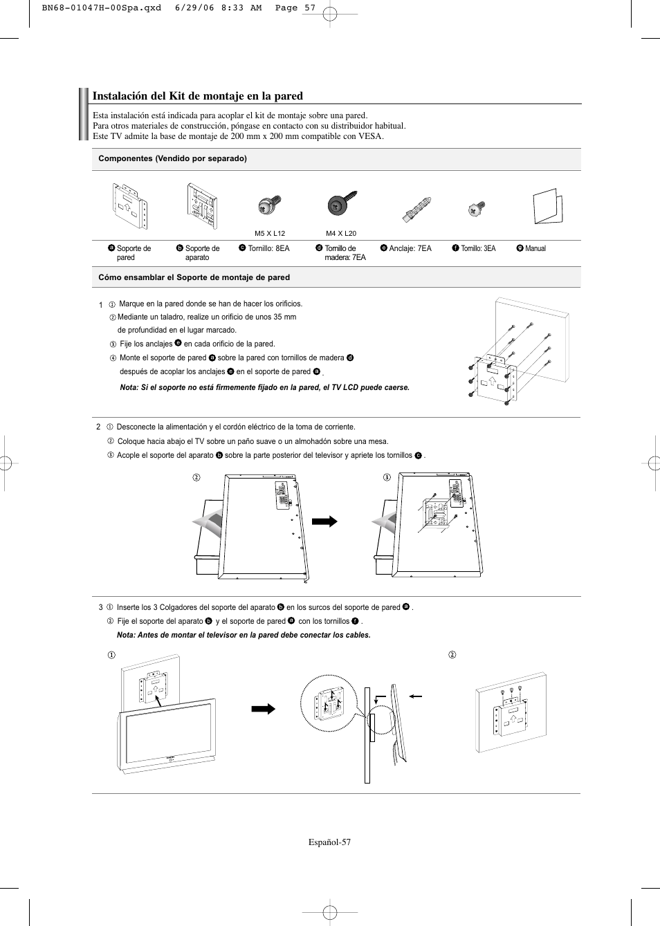 Instalación del kit de montaje en la pared | Samsung LNS3296DX-XAA User Manual | Page 177 / 179
