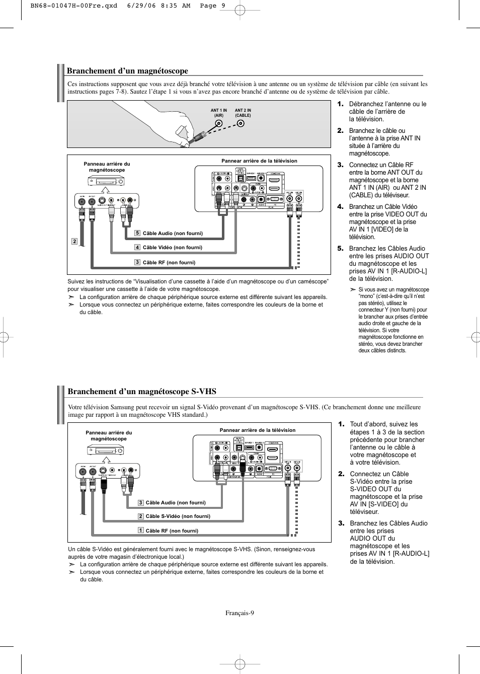Branchement d’un magnétoscope, Branchement d’un magnétoscope s-vhs | Samsung LNS3296DX-XAA User Manual | Page 70 / 179