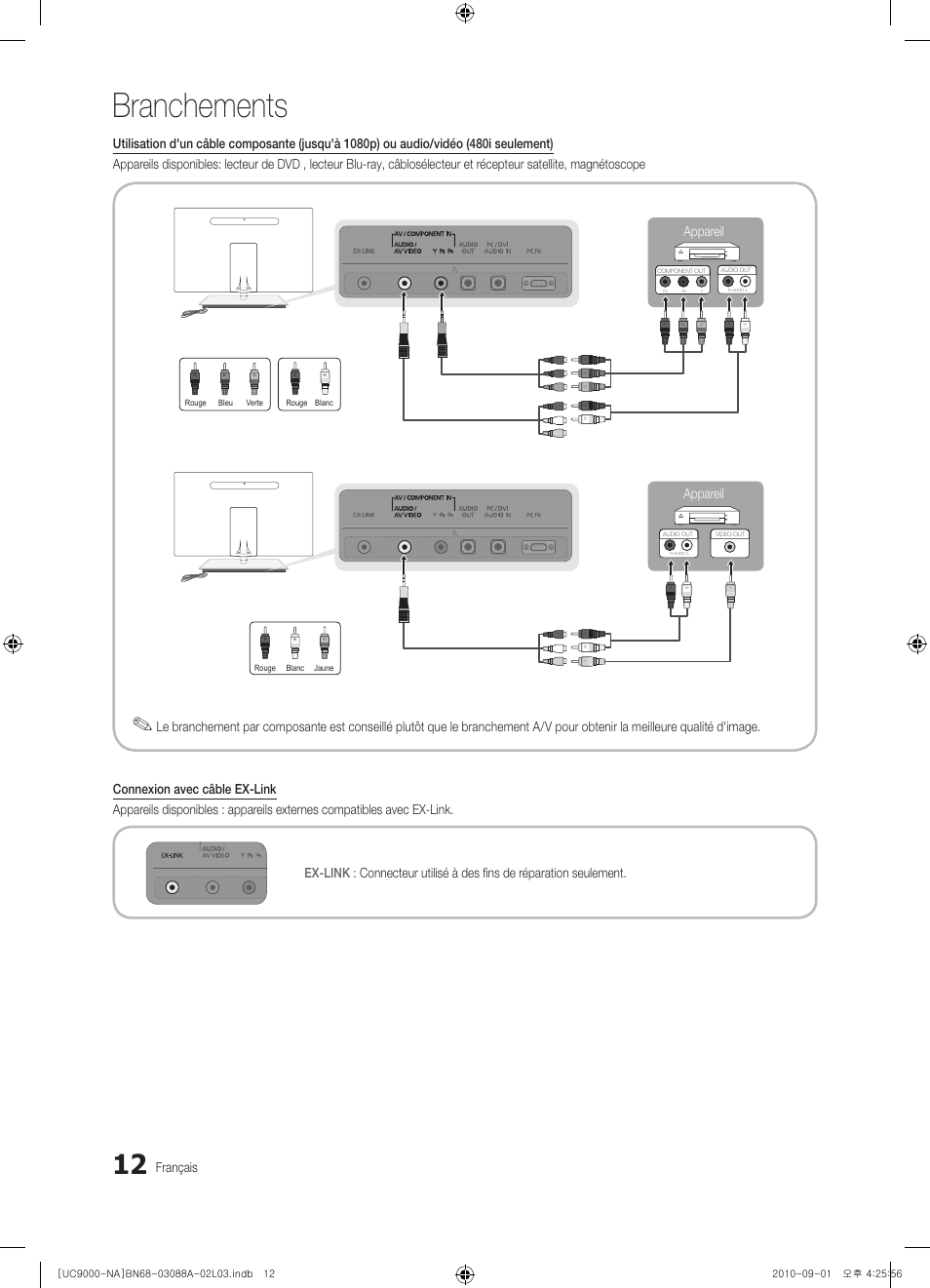 Branchements, Français, Appareil | Samsung UN55C9000ZFXZA User Manual | Page 150 / 208