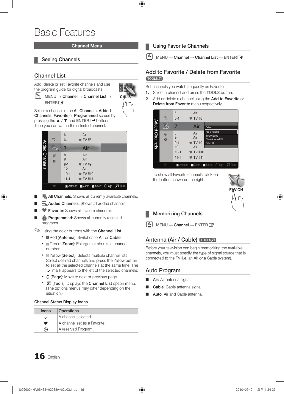 Channel menu, Basic features, Channel list | Add to favorite / delete from favorite, Antenna (air / cable), Auto program | Samsung UN55C9000ZFXZA User Manual | Page 16 / 208