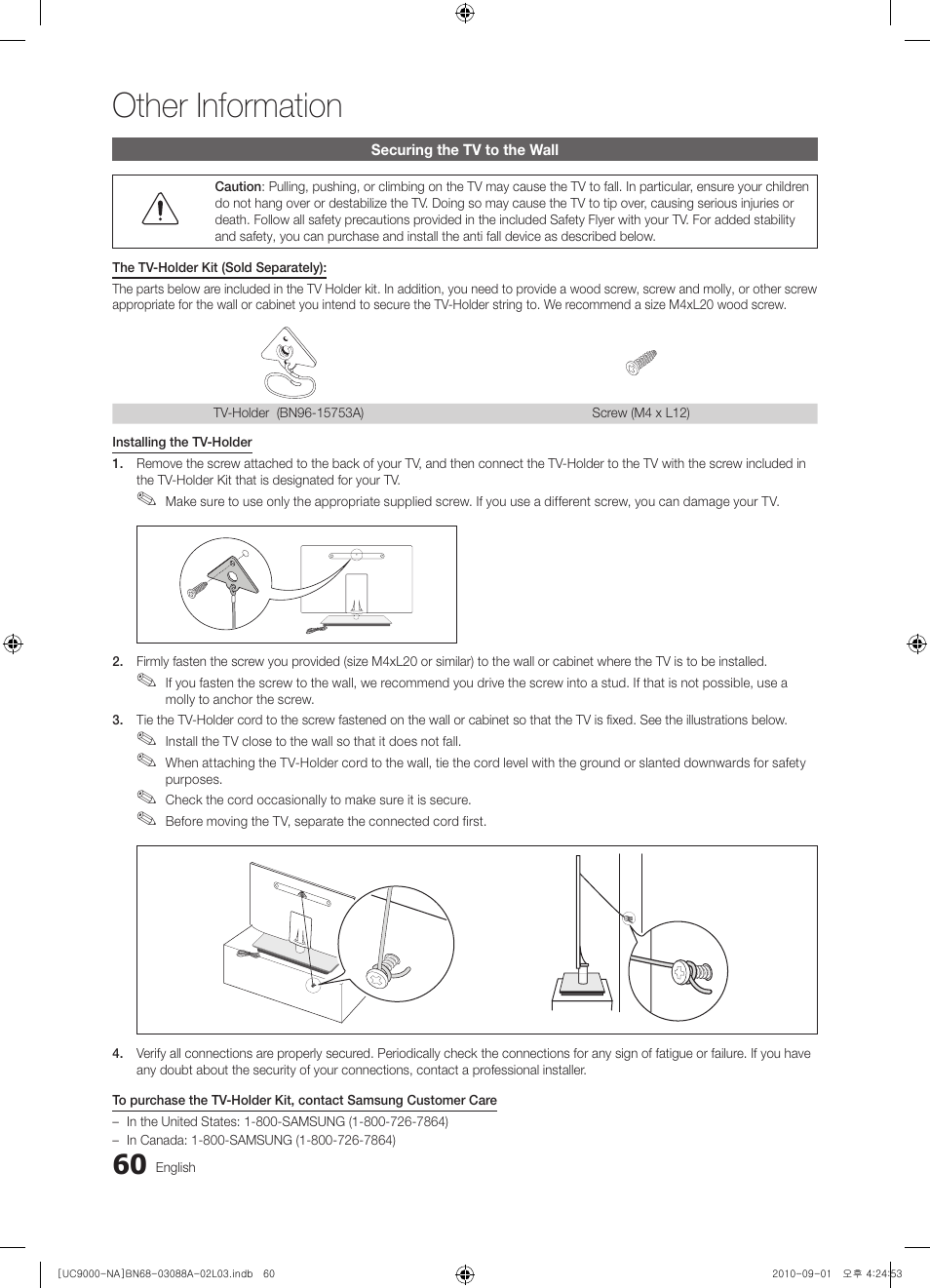 Securing the tv to the wall, Other information | Samsung UN55C9000ZFXZA User Manual | Page 60 / 208