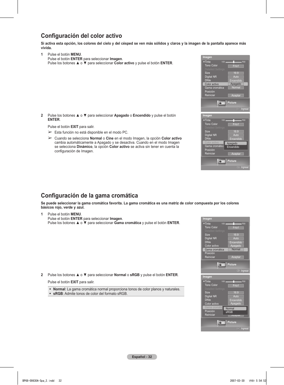 Configuración de la gama cromática, Configuración del color activo | Samsung HLT5676SX-XAA User Manual | Page 115 / 160