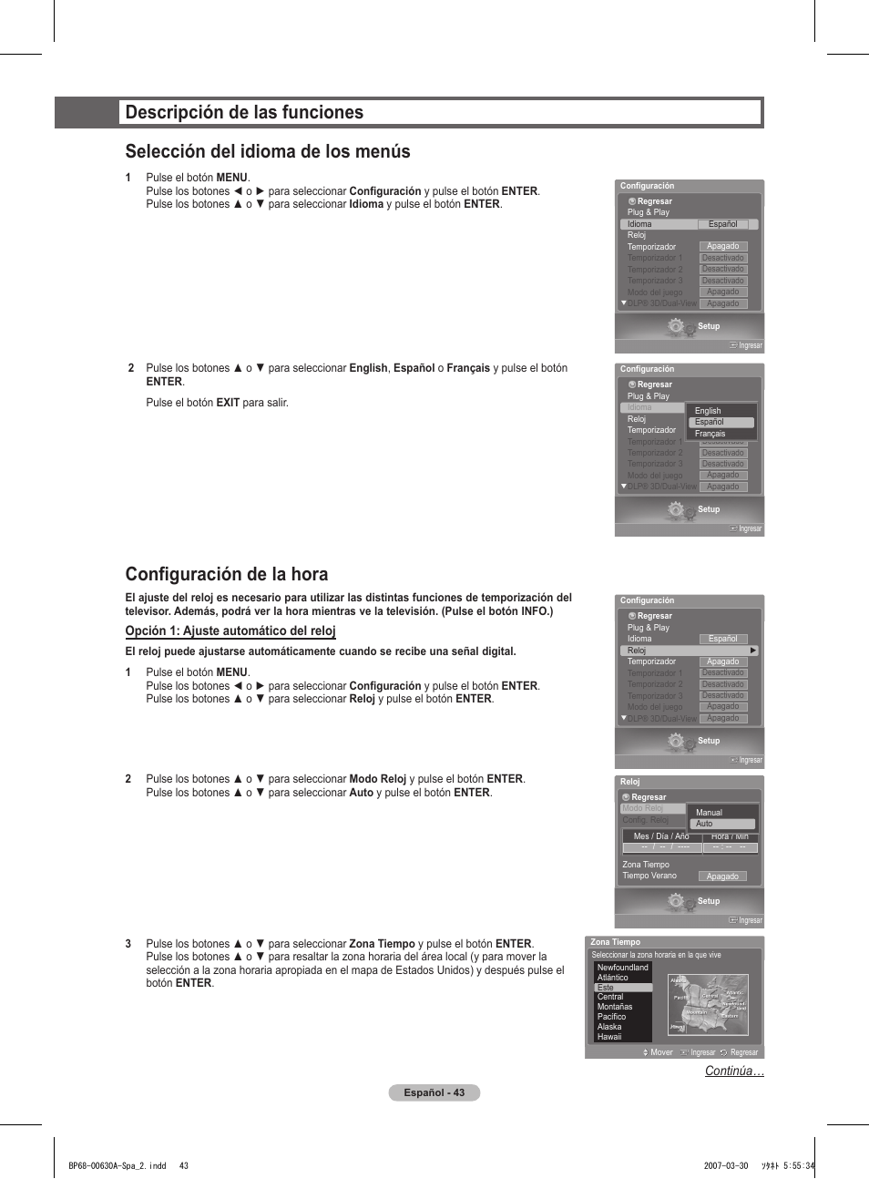 Configuración de la hora, Opción 1: ajuste automático del reloj, Continúa | Samsung HLT5676SX-XAA User Manual | Page 126 / 160