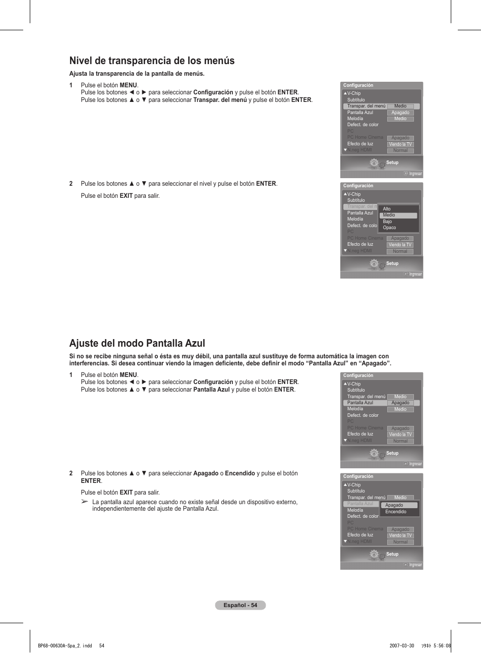 Nivel de transparencia de los menús, Ajuste del modo pantalla azul | Samsung HLT5676SX-XAA User Manual | Page 137 / 160