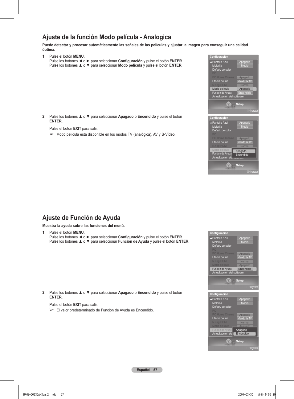 Ajuste de la función modo película - analogica, Ajuste de función de ayuda | Samsung HLT5676SX-XAA User Manual | Page 140 / 160