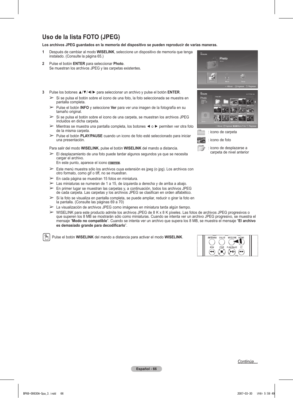 Uso de la lista foto (jpeg) | Samsung HLT5676SX-XAA User Manual | Page 149 / 160