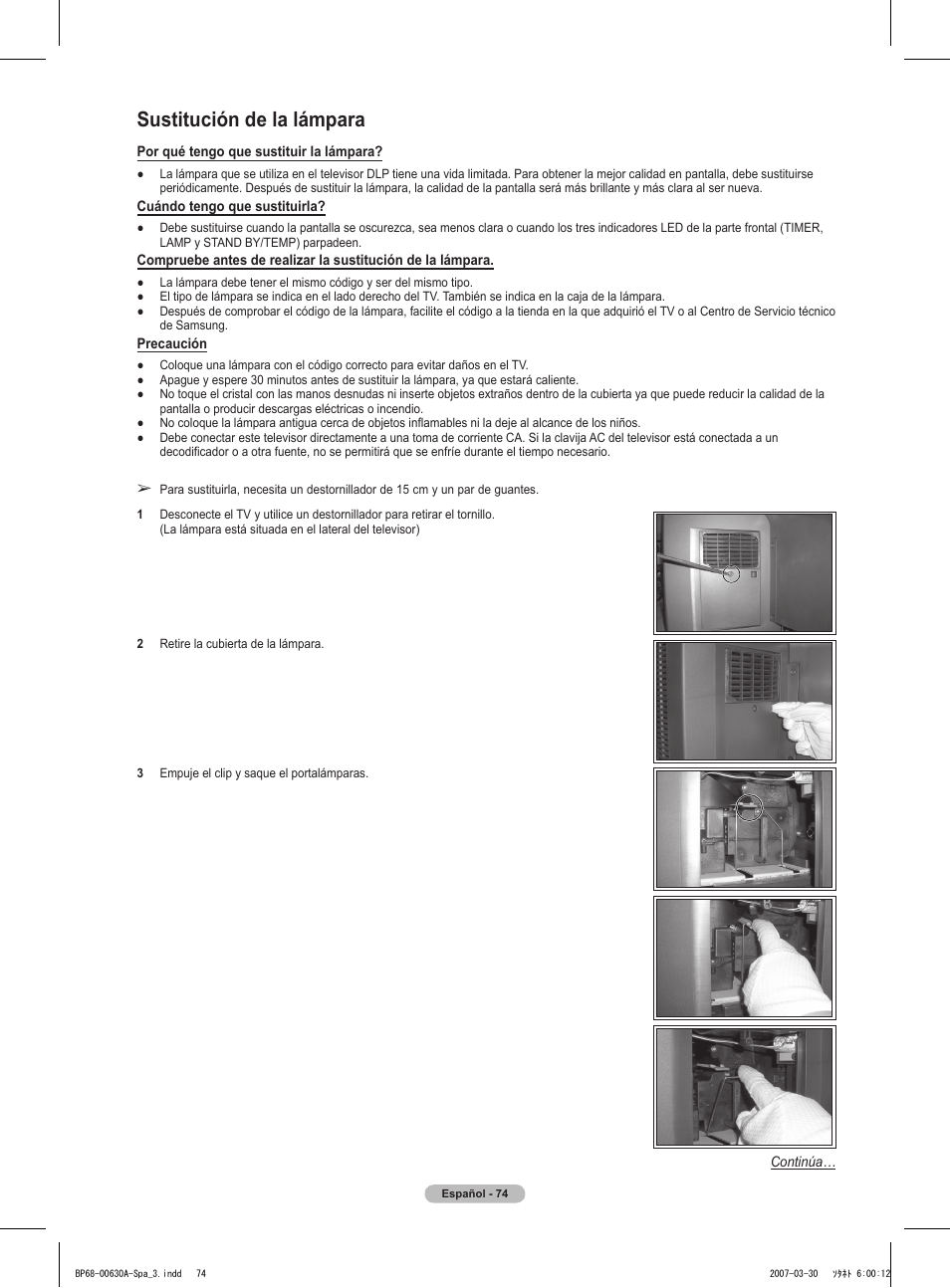 Sustitución de la lámpara | Samsung HLT5676SX-XAA User Manual | Page 157 / 160