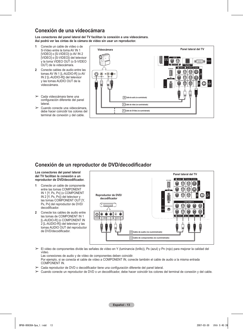Conexión de una videocámara, Conexión de un reproductor de dvd/decodificador | Samsung HLT5676SX-XAA User Manual | Page 96 / 160