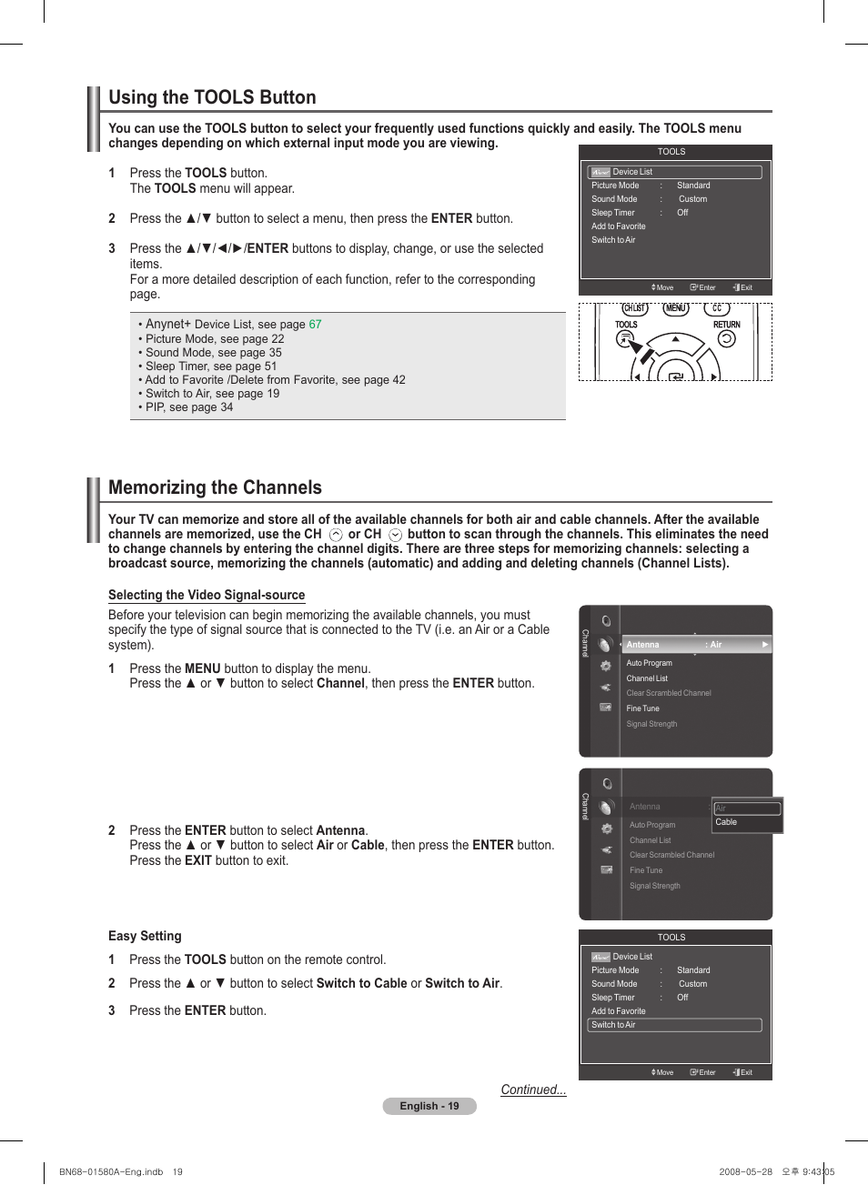 Using the tools button, Memorizing the channels | Samsung PN50A510P3FXZA User Manual | Page 19 / 162