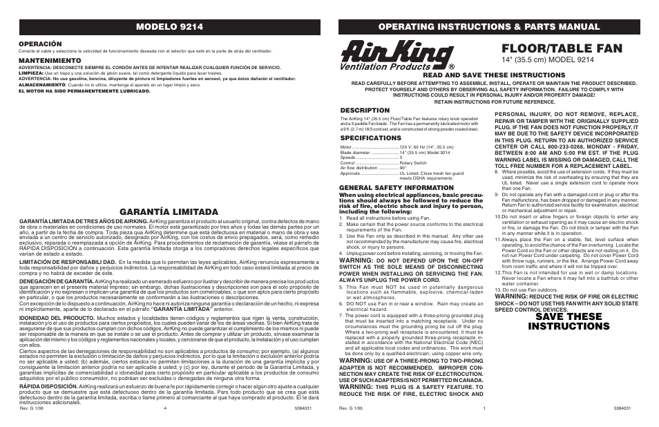 Air King 9214 User Manual | 2 pages