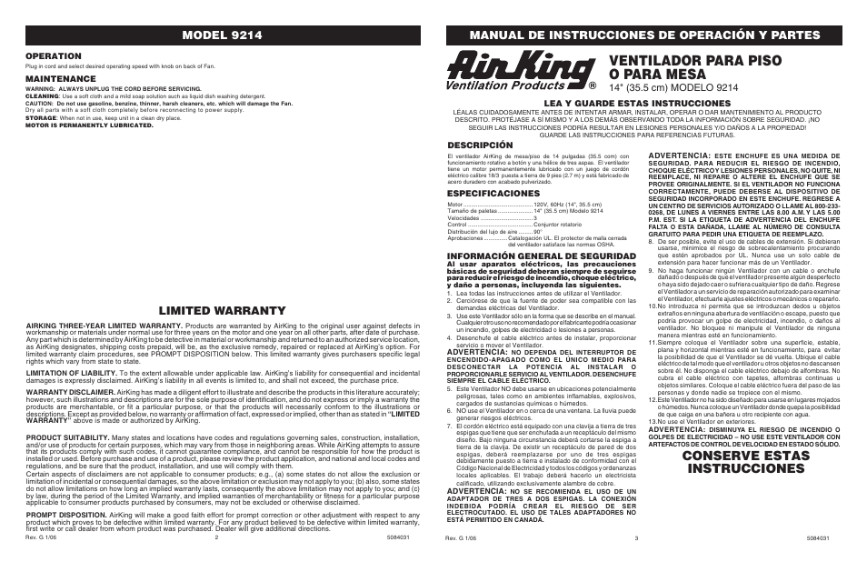 Ventilador para piso o para mesa, Conserve estas instrucciones, Model 9214 | Manual de instrucciones de operación y partes, Limited warranty, Lea y guarde estas instrucciones, Especificaciones descripción, Información general de seguridad, Operation, Maintenance | Air King 9214 User Manual | Page 2 / 2