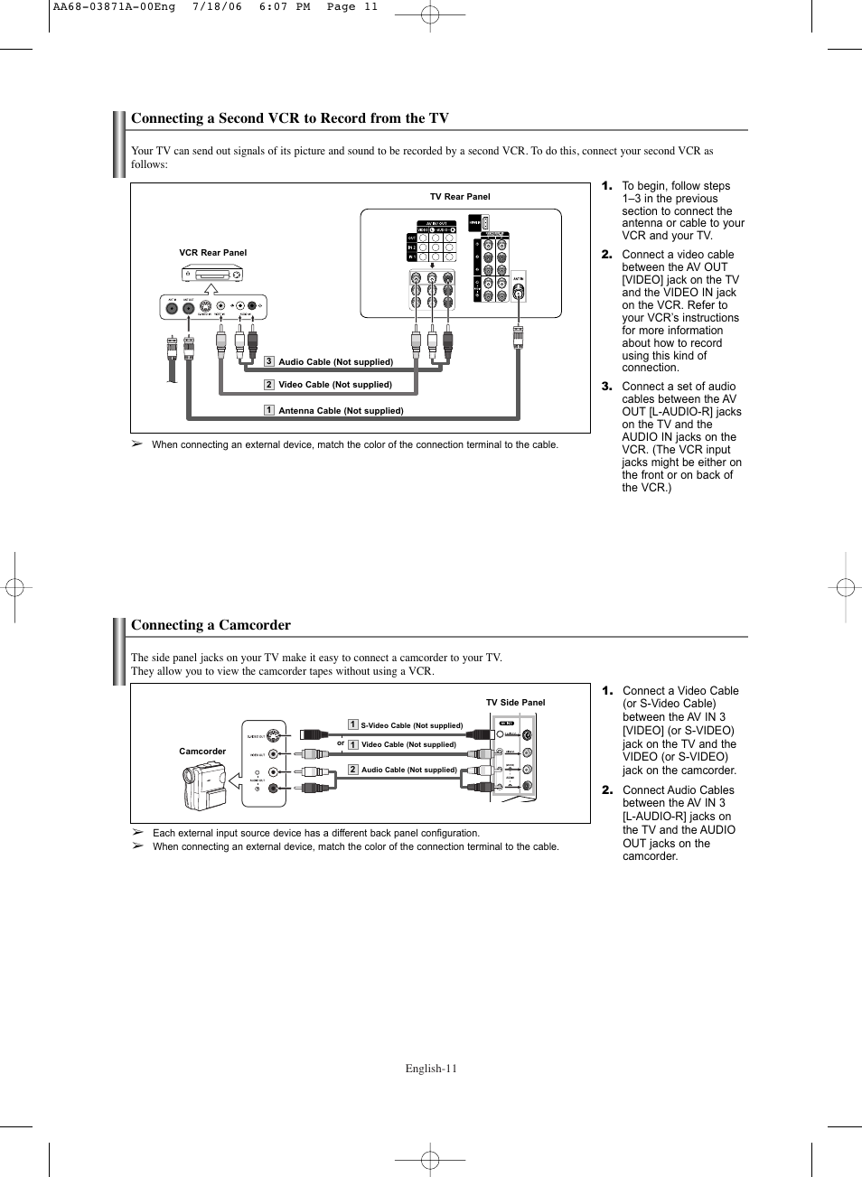 Connecting a second vcr to record from the tv, Connecting a camcorder | Samsung TXS3064WRX-XAC User Manual | Page 11 / 36