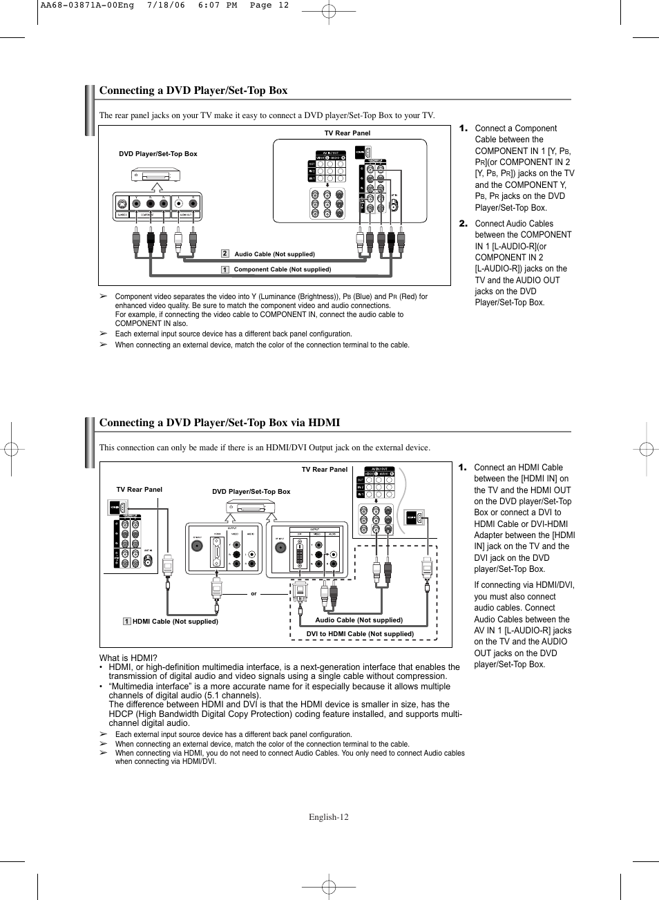 Connecting a dvd player/set-top box, Connecting a dvd player/set-top box via hdmi | Samsung TXS3064WRX-XAC User Manual | Page 12 / 36
