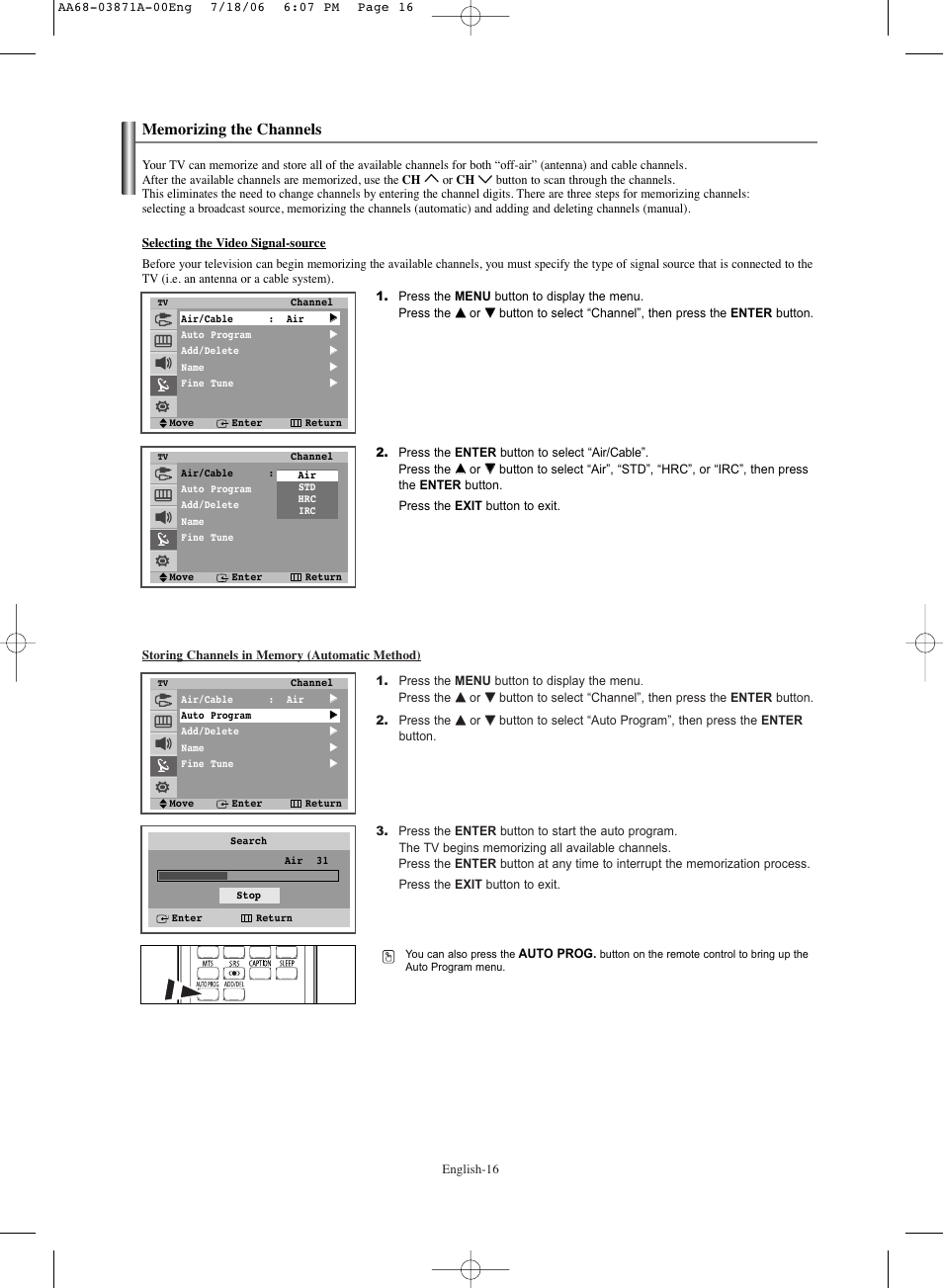 Memorizing the channels | Samsung TXS3064WRX-XAC User Manual | Page 16 / 36
