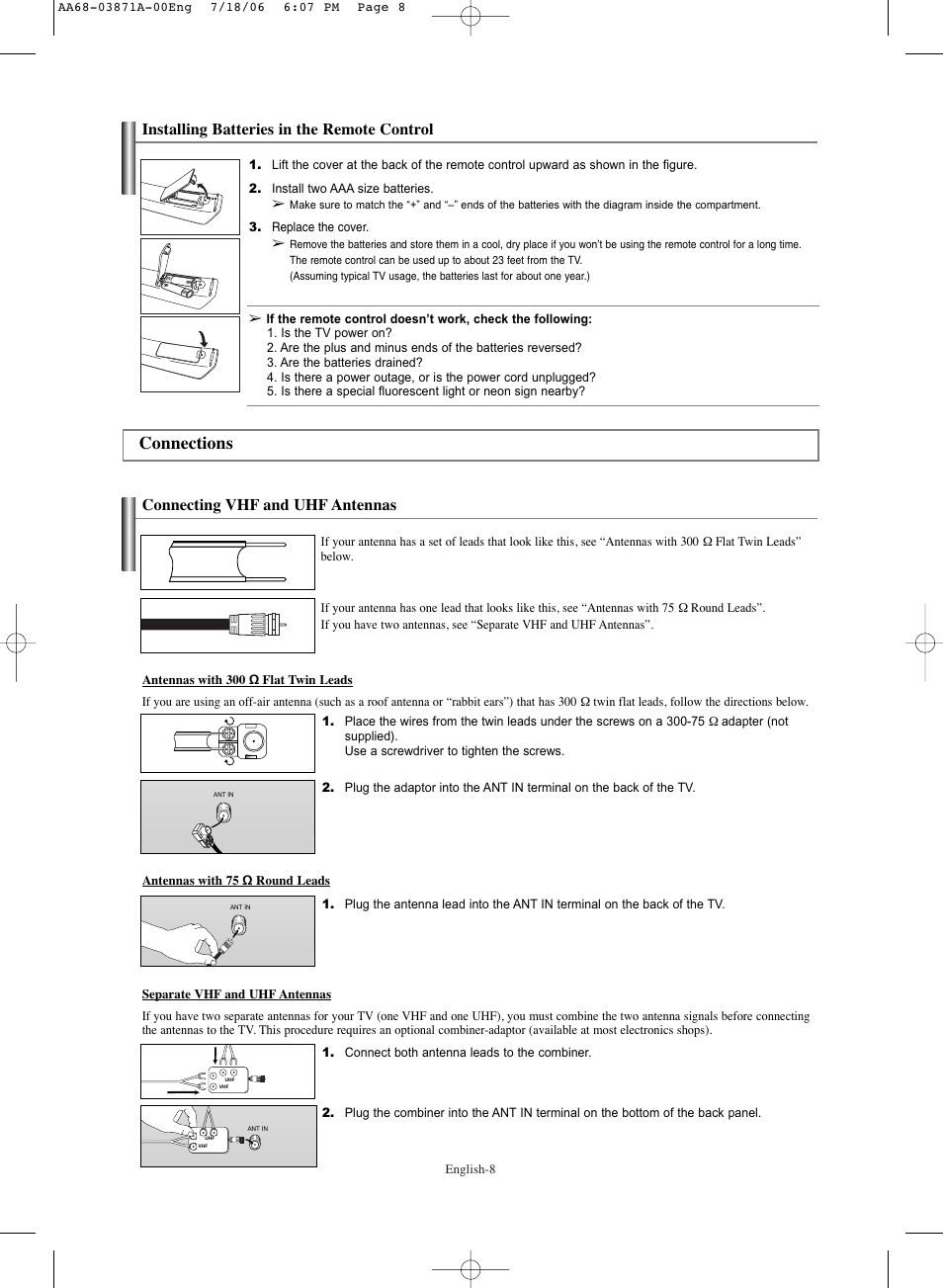 Installing batteries in the remote control, Connections, Connecting vhf and uhf antennas | Samsung TXS3064WRX-XAC User Manual | Page 8 / 36