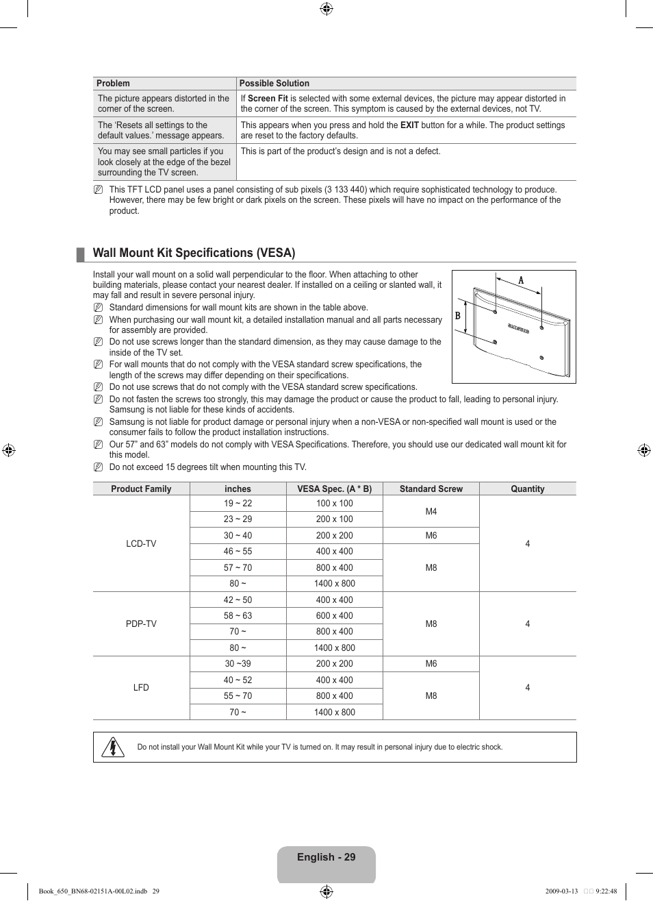 Wall mount kit specifications (vesa) | Samsung LN22B650T6DUZA User Manual | Page 31 / 67