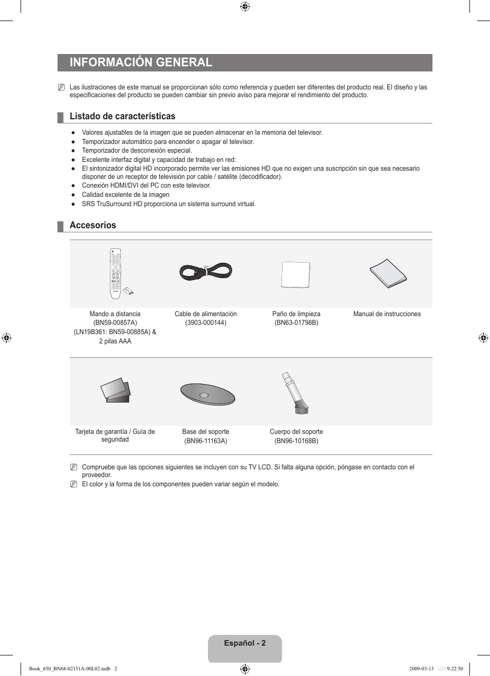 Información general, Listado de características, Accesorios | Samsung LN22B650T6DUZA User Manual | Page 37 / 67