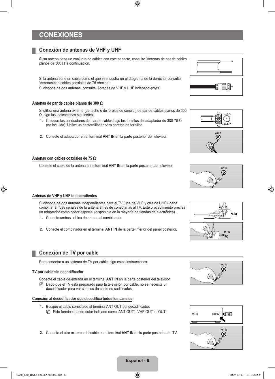 Conexiones, Conexión de antenas de vhf y uhf, Conexión de tv por cable | Samsung LN22B650T6DUZA User Manual | Page 41 / 67