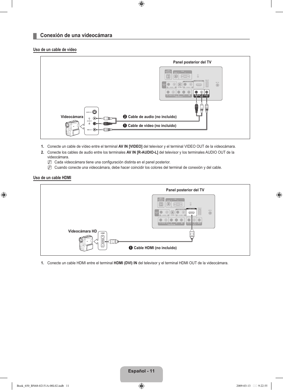 Conexión de una videocámara | Samsung LN22B650T6DUZA User Manual | Page 46 / 67