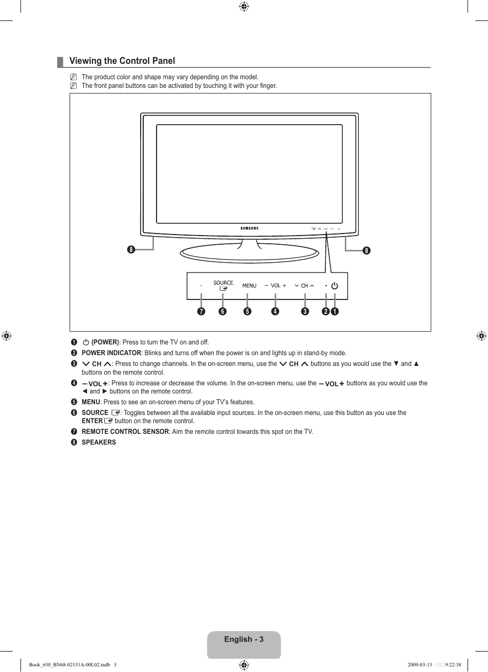 Viewing the control panel | Samsung LN22B650T6DUZA User Manual | Page 5 / 67